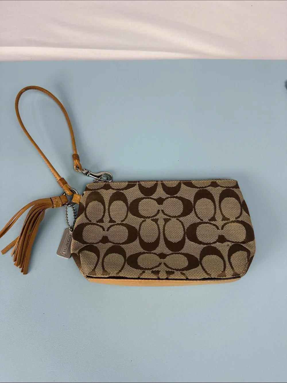 Coach Brown/Tan Signature Canvas Wristlet with Tassel